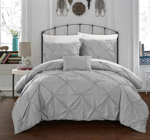 CoutureBridal Grau Hellgrau Bettwäsche 200x220cm Luxus Pintuck Plisseefalten Mikrofaser Wendebettwäsche Set Uni Doppelbett Bettbezug mit Reißverschluss und 2 Kissenbezug 80x80cm