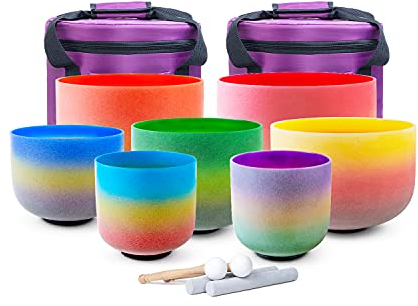 KVKA 432hz 7-12 inch Crystal Singing Bowls Set of 7 pcs Quartz Frosted Singing Bowls For Sound Healing with 2 PCS Travel Carry Case Bag (7-12inch, Rainbow)