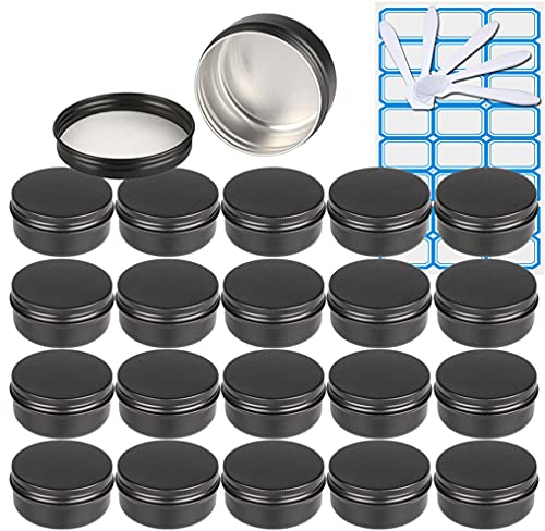 ZEOABSY 20 Pièces 50ml Pots en Aluminium Vide Rond Noir Mat Petit Cosmétiques Pot Conteneurs for Fait Main Bougies Crème Baume Voyage, 5X Spatule, 1x Étiquettes