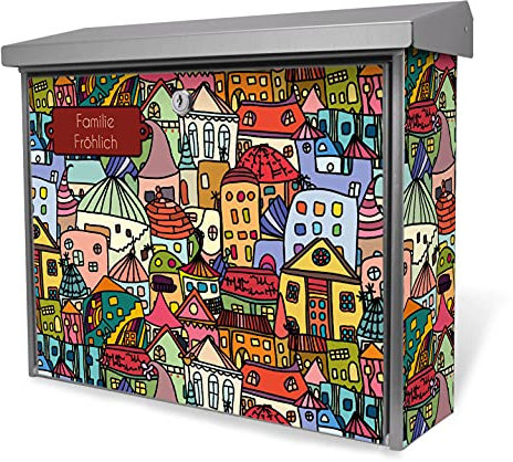 banjado® Burgwächter Briefkasten Edelstahl 38,5x31,5x12cm mit Motiv Funky Town/Briefkasten Edelstahl ohne Zeitungsfach/Briefkasten grau/Postkasten inkl. Montagematerial & 2 Schlüsseln