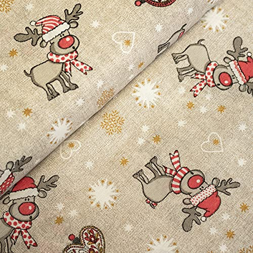 11,90 /m Stoff Rentier beige rot Meterware | Dekostoff zum Nähen für Weihnachten | Weihnachtsstoff Jute-Optik