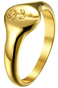 PAMTIER Damen Edelstahl Runder Micro Siegelring Pinky mit Rose Blume Stapeln Verlobungsring Vergoldet Größe 54