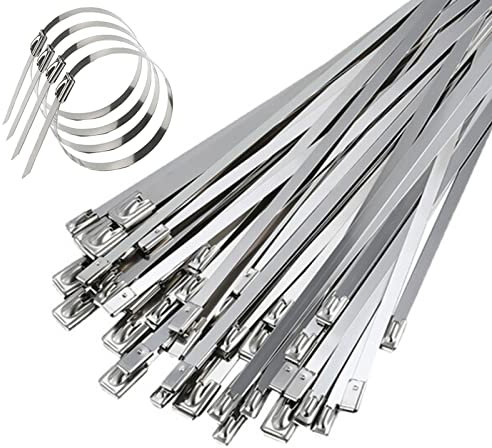 Yunpo 50 Pieces Stainless Steel Cable Ties 4.6 x 200mm Self Locking Metal Exhaust Wrap Coated Locking Cable Zip Ties for Home Office Garage Workshop, Silver