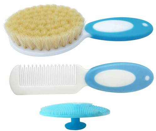 Juego De Cepillo y Peine Para Bebé, Cepillo Para Bebé Con Cerdas Naturales Suaves, Regalo Para Baby Shower (azul)