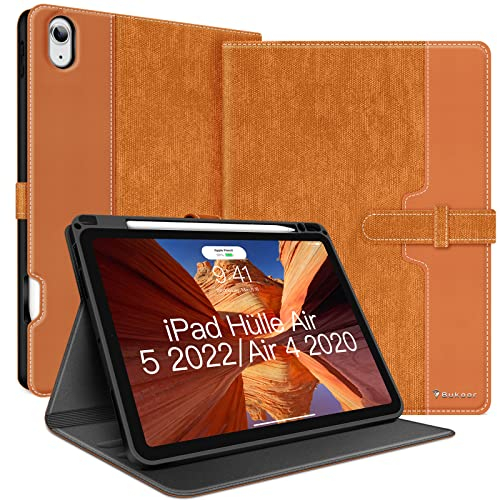 Bukoor iPad Air 6 11 Zoll 2024, Air 5/4 Hülle (2022/2020) 10,9 Zoll mit Pencil Halfter und Taschen PU Leder Stoßfest Cover Auto Schlafen/Wachen Intelligentes Case, Multi-Winkel Ständer, Braun
