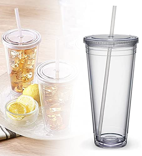 EUNEWR Plastikbecher Reisebecher mit Strohhalm,doppellagiger Kunststoff versiegelter Becher für Fruchtsaft Smoothie Saft Kaffee Eiskaffee (650ML)