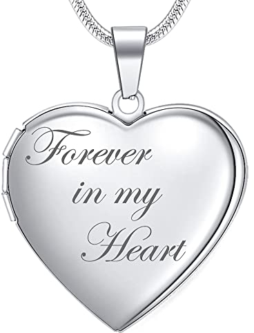 Farfume Heart Locket Necklace for Women, Engraved Text Hold Two Photos Necklace, Personalised Photo Jewellery Gifts for Family& Friends (1B Glossy-Silver)