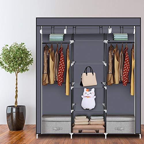 LEADZM Kleiderschrank, Faltschrank Stoffschrank Faltbare Garderobe Canvas mit Reißverschluss, Fächern, für Schlafzimmer, Wohnzimmer (Grau-1, 150 x 45 x 175 cm)