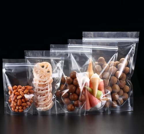 Rimiko 50 Pezzi Sacchetti per Alimentari Trasparenti, Buste Stand Up Richiudibili con Chiusura Lampo, Sacchetti Riutilizzabili con Zip per Conservazione degli Alimenti, Snack (12x20cm)