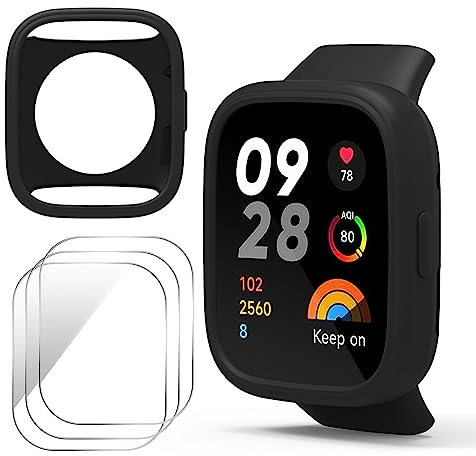 GIOPUEY Silicone Cover per Xiaomi Redmi Watch 3, con 3 Pezzi Pellicola Protettiva flim, Morbido TPU Silicone Case Protettiva, Xiaomi Redmi Watch 3 Custodia - Black
