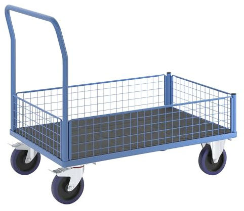 eurokraft | Plattformwagen mit Gitterwänden | Vollelastik-Rollen | 4 Halbhohe Gitter | LxB 1200 x 750 mm