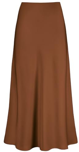 Outoshe Women's Satin High Waisted Maxi Skirts Hidden Elasticized Waistband A Line Long Skirt, Zip Brown, S