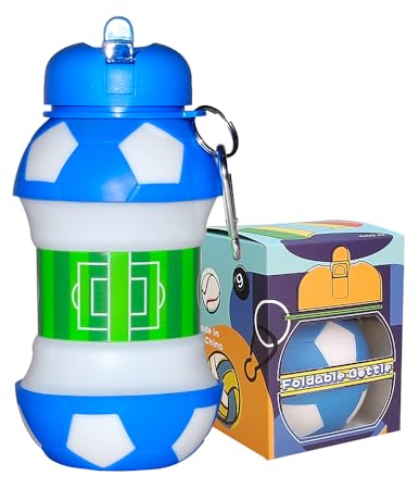 Blue & White Football Water Bottle - Unique Football Gifts for Boys and Girls - Cool Kids drink container, Collapsible, Leakproof - Boys drink container - BPA Free - 550 ml