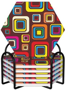 Bunte Quadrate, bedruckte Keramik-Untersetzer, sechseckig, rutschfest, mit saugfähigem Korkboden und Metallhalter, 6 Stück