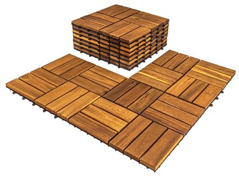 AN68 Lot de 10 dalles de terrasse – Bois d'acacia massif naturel emboîtable pour extérieur et intérieur, terrasse, jardin, balcon, bord de piscine – Couleur teck doré 30,5 x 30,5 cm