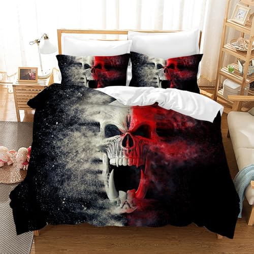 Leleyouzer 3D Totenkopf Bettwäsche Set,Totenkopf Muster Gotisch Bettbezug Für Teenager Erwachsene,Schädel Microfaser Bettwäsche mit Reißverschluss und 2 Kissenbezug 50x75cm (Schädel 1, 135×200 cm)