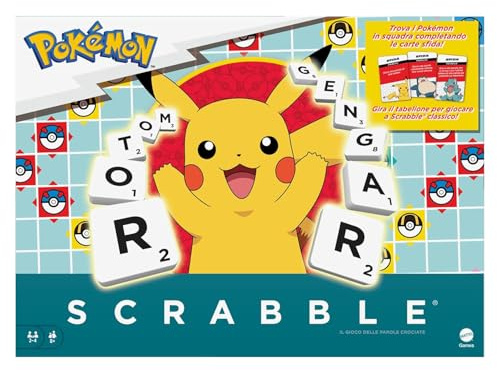 Mattel Games - Scrabble Pokémon, das Kreuzworträtsel-Brettspiel mit 50 Herausforderungen der Pokémon-Figuren, doppelseitige Tafel mit zwei Spielmodi, italienische Version, 8+ Jahre, HXT30
