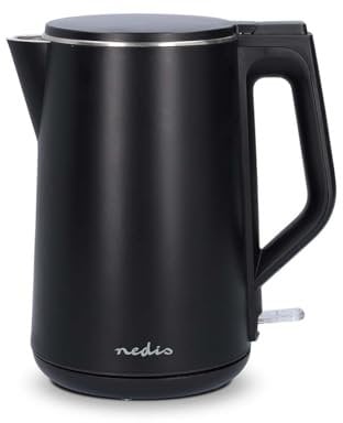 Nedis 1.5L Electric Kettle with Double Walled Insulation, Boil-Dry Protection and Limescale Filter for Fresher Water, 2200W - Black