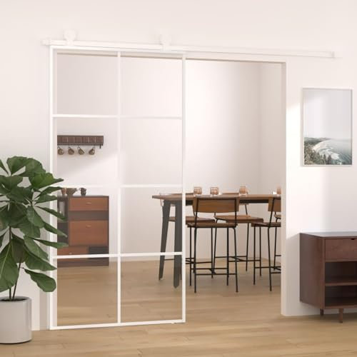 Gecheer Porta Scorrevole,per Interno,in Vetro ESG e Alluminio,Bianco e Trasparente,102,5x205 cm,Porta Scorrevole in Vetro e Alluminio,Porta per Interno