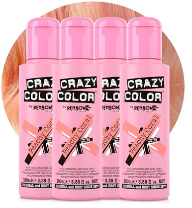 Crazy Color Vibrant Peachy Coral Semi-Permanent 4 Pack Quad Hair Dye. Highly Pigmented Pinky Peach Conditioning & Oil Nourishing Vegan Formula No Bleach or Ammonia 400ml