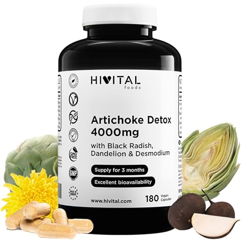 Alcachofa Detox 4000 mg. 180 cápsulas veganas para 3 meses de tratamiento. Con Alcachofa, Rábano Negro, Diente de León y Desmodium. Fabricado en España por HIVITAL