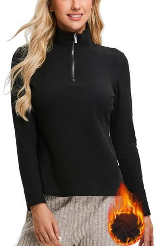 Soneven Funktionsshirt Damen Langarm Thermo Sport Oberteil, 1/4 Zip Warmer Pullover Damen Herbst Basic Langarmshirt, Leicht Thermoshirt für Tägliches Outfit, Laufen, Training Schwarz XL