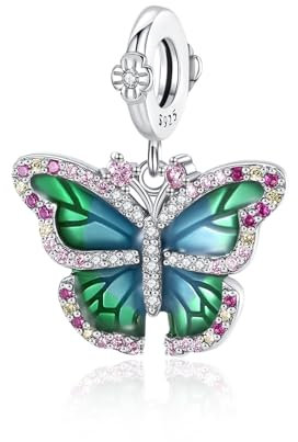 Alstiva Schmetterling in Grün mit bunten Diamanten Charm-Anhänger 925 Sterling Silber 5A Zirkonia Charm Anhänger für Armband Charm Bead Pendant für Europäische Armbänder Halsketten Geschenk für Damen