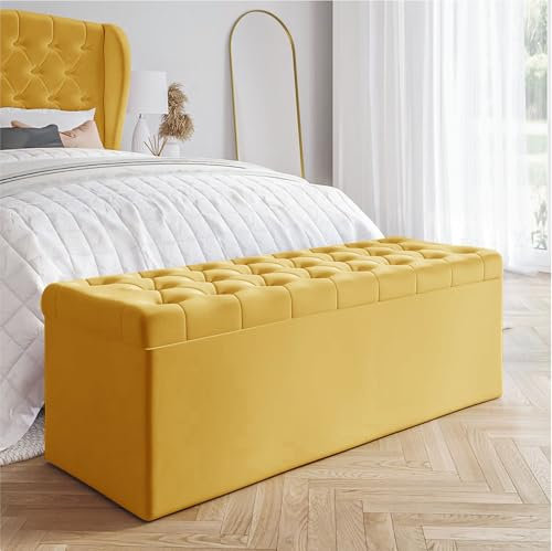 AZ Interiors Royal Furniture 90cm Wide Chesterfield Ottoman Storage Bench, Plush Velvet Bench with Storage, End of Bed Bench, Velvet Upholstered Coffee Table, Entryway Bench (Mustard Gold Velvet)
