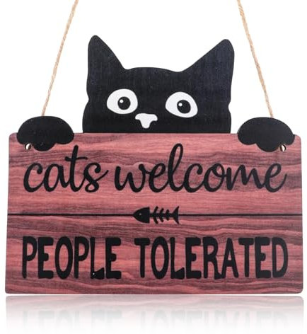 Qianyu Funny Cat Welcome Sign - Wooden Plaque - Cute Black Cat Wall Decor - 8.66 x 7.68 Inches - Cats Welcome People Tolerated