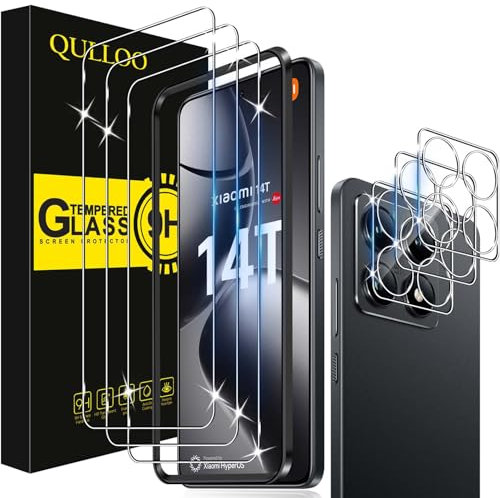 QULLOO Protector de Pantalla para Xiaomi 14T, 3 Piezas Cristal Templado y 3 Piezas Protector de Lente de Cámara, Dureza 9H Ultra Resistente Vidrio Templado