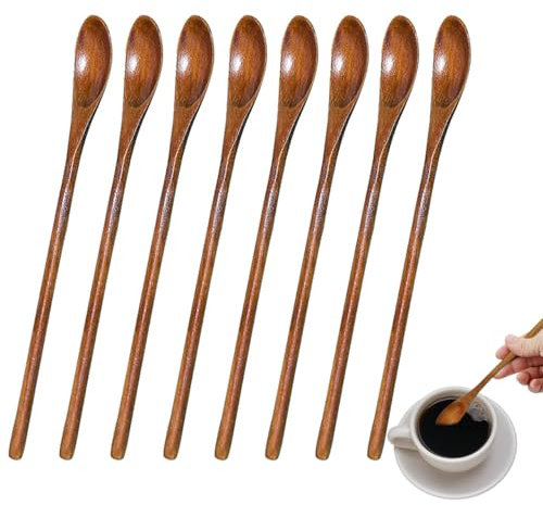 Petite Cuillère en Bois à Long Manche, Naturel Miel Café Thé Boissons Longues Cuillères de Cuisine (8)