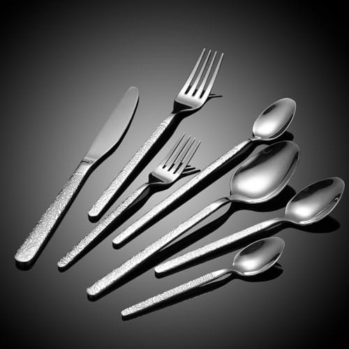 Posate in argento, set di posate, set da 7 pezzi di coltello, forchetta e cucchiaio in acciaio inossidabile con motivo a pietra, coltello da bistecca dorato per hotel, ristorante, casa, cucchiaio da d