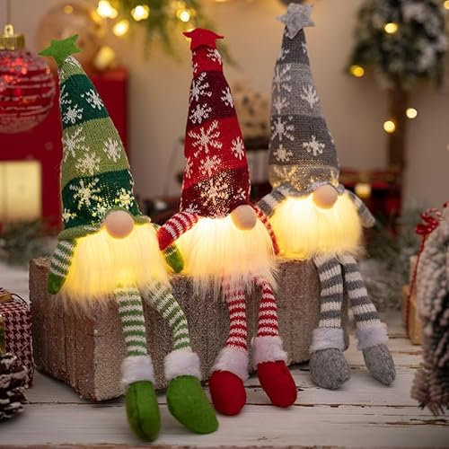 Bobety Light Up Gnome Christmas Decorations - Xmas Gonks Ornaments with LED Lights, Handmade Swedish Santa Gnomes with Knitted Hat, Gonk Elf Christmas Decor (3PACK, 33x10CM / 13x4In)