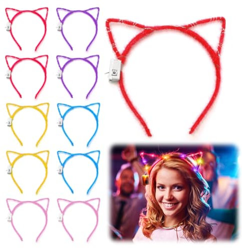 Lot de 10 bandeaux LED avec oreilles de chat - Serre-tête de Noël - Accessoires de cheveux - Oreilles de chat - Serre-tête de Noël pour Noël, concerts, fêtes, Nouvel An