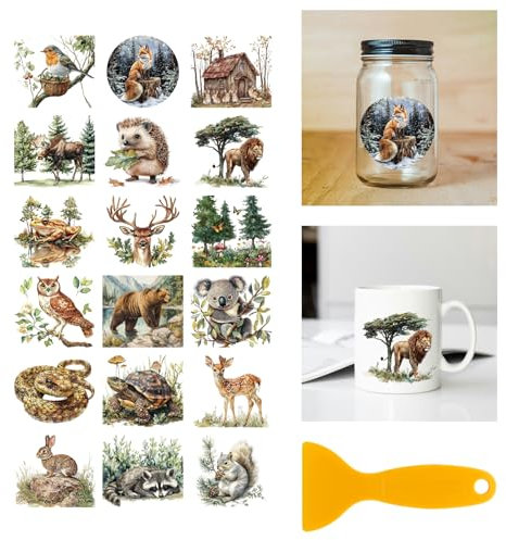 GLOBLELAND 18 Blatt Bunt Waldtiere UV DTF Tasse Transfer Aufkleber 3.9x3.6 Zoll Hirsch Löwe DTF Transferaufkleber Möbel Großformat Transfers für Glasbecher Keraflott Möbel Glas Holz