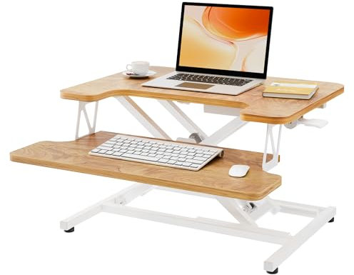 ERGOMAKER Steh-Sitz Schreibtischaufsatz Höhenverstellbar, Stehpult Aufsatz Schreibtisch 55 X 40CM Desktop Erhöhung mit Tastaturablage Helles Rustikalbraun
