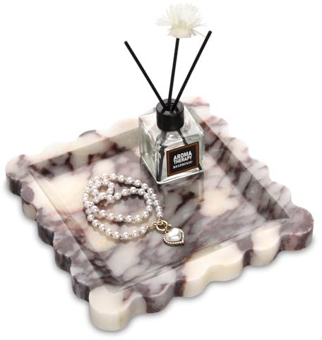 Marble Tray with Scalloped Edge,Luxury Natural Stone Bathroom Vanity Tray Decorative for Dresser Top Perfume Coffee Home Kitchen Sink Key Trinket Ring (Calacatta Viola, 20 x 20 cm)