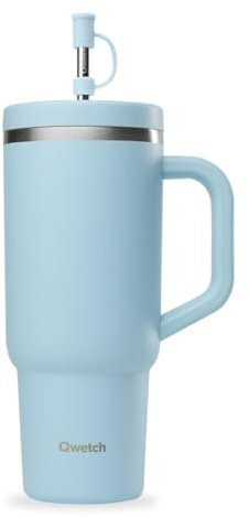 QWETCH - Travel Cup 900ml avec Paille & Anse - 48h Glacé / 12h Froid - Gourde Isotherme Inox Recyclé - Mug avec Bouchon à Vis Anti-Éclaboussures - Tasse Thermos - Bleu Pastel
