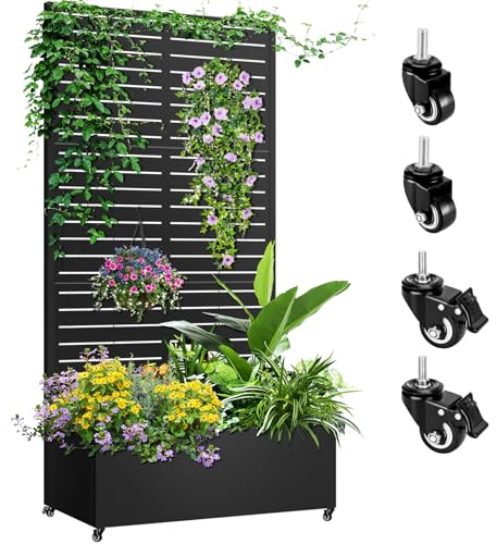 Meyoppm Metall-Pflanzkasten mit Rankgitter, 182,9 x 88,9 x 40,6 cm, Metall-Hochbeet mit Rankgitter, Rankgitter, Pflanzkasten mit Drainagelöchern und feststellbaren Rollen für Kletterpflanzen, Gemüse