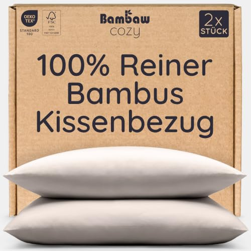 Bambaw Bambus Kissenbezug 40x80 cm, 2-er Pack, Bettwäsche kühlend Sommer, nachhaltige Bambus Bettwäsche, antibakterieller Kissenbezug Allergiker, haarfreundliche Kopfkissenbezug kühlend (Sand)