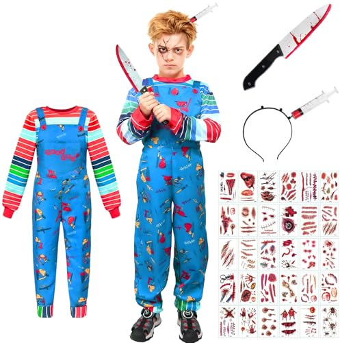 Halloween Costume Kids, Creepy Doll Fancy Dress for Boys Girls | Killer Doll Movie Character Costume with Simulated Knife Hair Band Tattoo Sticker Cosplay for Fancy Dress Halloween Party