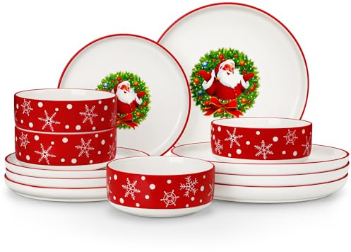MALACASA 12-Piece Christmas Dinner Set, Santa Claus Ceramic Plates and Bowls Set for 4 with Dinner Plates/Dessert Plates/Cereal Bowls, Holiday Tableware for Festive Celebrations