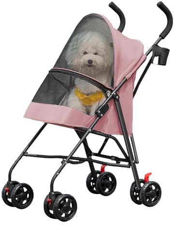 MUL-BOUTIQUE Hundebuggy, faltbar, Katzen, Haustiere, mit Getränkehalter, atmungsaktiver Netzbezug, Insektenschutz, Hundewagen mit Bremsen, Polyester, Stahl, 73 x 46 x 100 cm (Rosa)