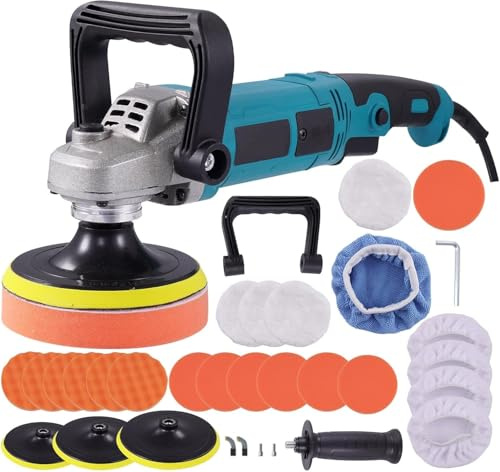 Dibaful 1600W Auto Poliermaschine mit 6 Variable Geschwindigkeit | Abnehmbarer Griff Blau Polierpad Polierschwamm Polierfell Polierer Set Kit
