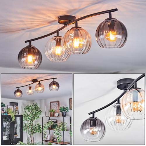 HOFSTEIN Deckenleuchte Koyoto, 4-flammige Deckenlampe aus Metall/Riffelglas in Schwarz/Rauch/Bernstein/Klar, Leuchte im Vintage-Design (Ø Schirme 15cm), E14, Esszimmer, Schlafzimmer, Wohnzimmer, Küche