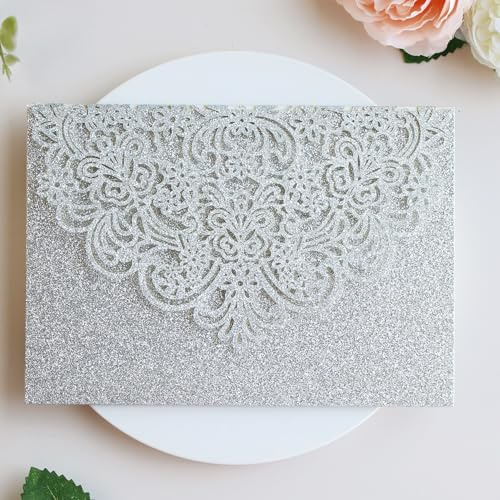 Hosmsua 20pz Argento Glitter Invito di Nozze, Triplo Piegamento Taglio Laser Flora Biglietto d'invito con Cartolina di Conferma e Buste per Matrimonio e Anniversario, Compleanno
