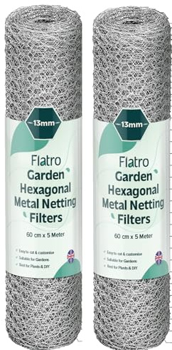 Flatro Chicken Wire Mesh Roll 60cm X 5m | Pack of 2 Galvanised Hexagonal Metal Mesh Garden Netting Fence For Chicken Runs, Rabbit Enclosures, Protect Fruit and Plants Outdoor Boundary Fencing (13mm)
