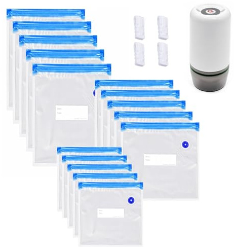 JZK 15x Reusable vacuum sealer bags and portable electric vacuum air pump for food storage bag, BPA-free ziplock freezer bags for food freshness preservation, meal prep and sous vide, large small