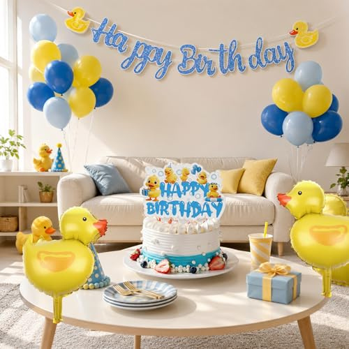 Fizdoqg Enten Luftballon Deko Geburtstag, Enten Geburtstagsdeko Zubehör | mit Happy Birthday Banne, Luftballon und Folienballon für Geburtstag Party Deko, Poolparty