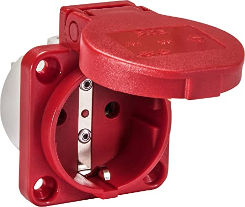 SiRoX Schutzkontakt-Einbau-Steckdose IP54 rot (RAL 3000) – rückwärtiger Anschluss, 250V 16A, Flansch 50x50mm, Befestigungsmaß 38x38mm, Schraubkontakt, PA6 Gehäuse, vernickelte Kontakte